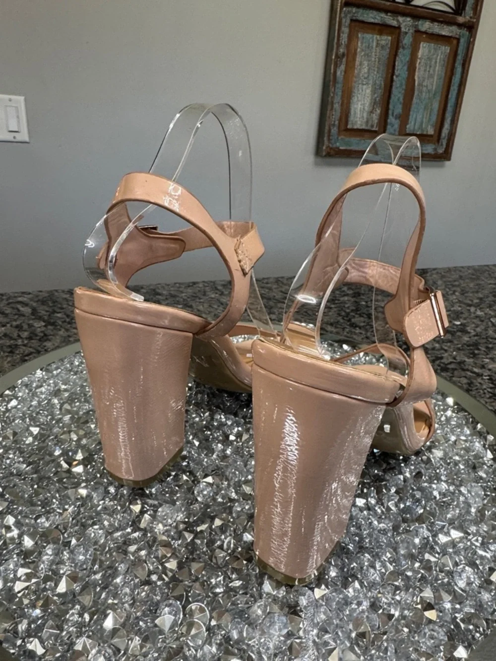 BAMBOO Nude Patent Block Heel Sandals 11